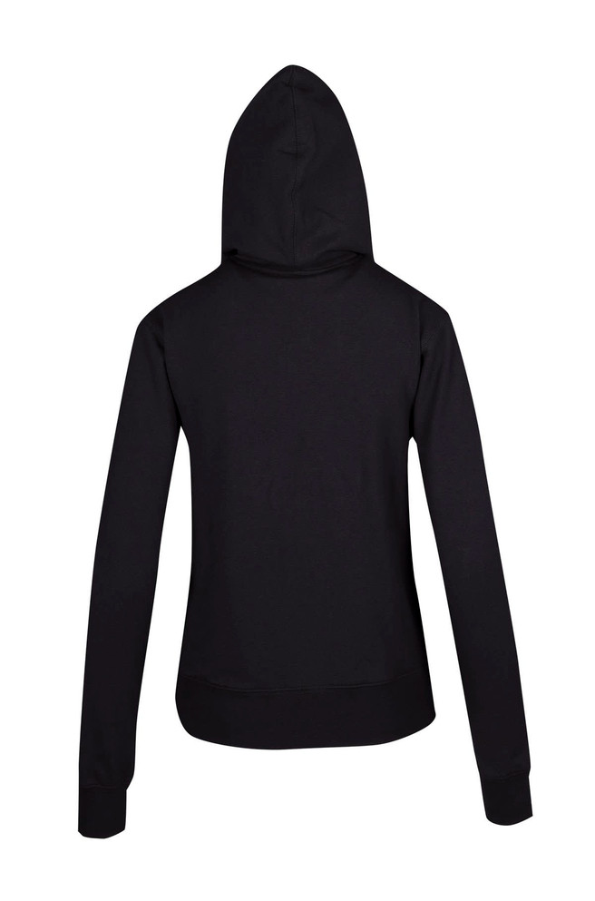 A black women's junior zip hoodie with long sleeves and a fitted design, featuring a hood at the back.