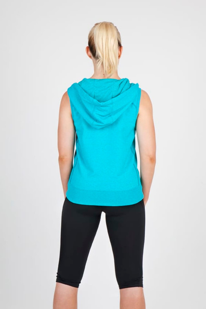 A sleeveless zip hoodie in vibrant turquoise, featuring a hood and a fitted style, viewed from the back.