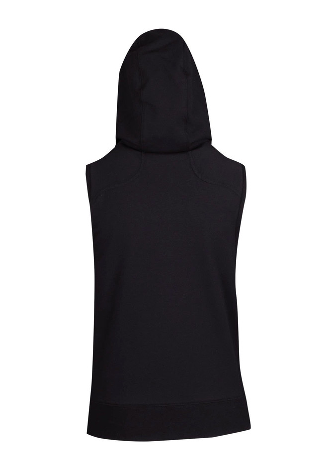 A sleeveless black zip hoodie featuring a hood and a branded logo on the back. Ideal for casual wear.