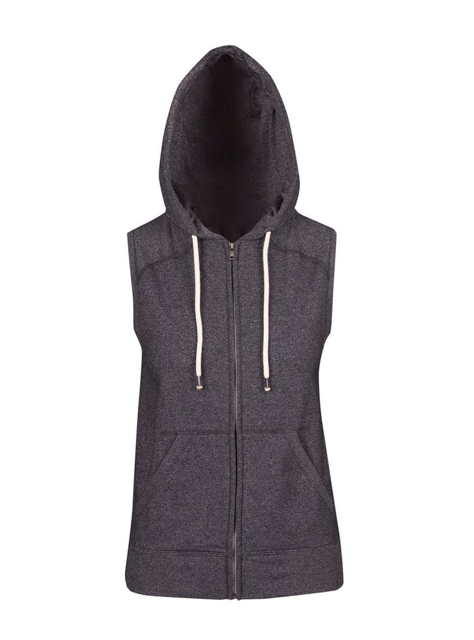 A sleeveless zip hoodie in dark heather grey, featuring a hood and front pockets. It has a logo on it.