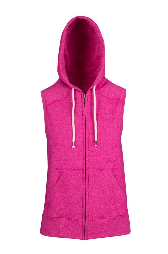 A sleeveless zip hoodie in bright pink, featuring a hood and front pockets, with a brand logo.