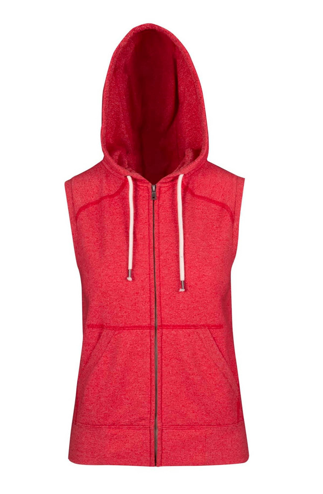 A sleeveless zip hoodie in a vibrant red hue with a hood and front pockets. It features a branded logo.