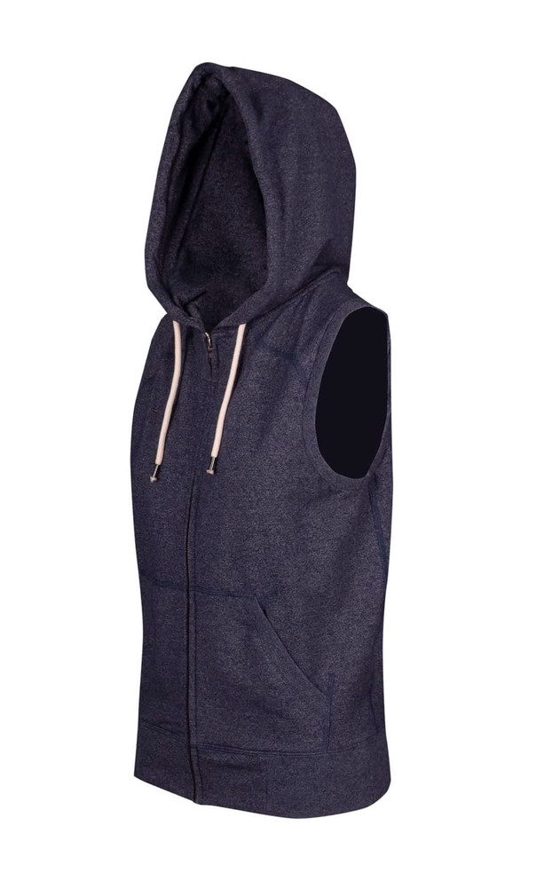 A sleeveless zip hoodie in dark heather grey with a hood and front pockets, featuring a logo.