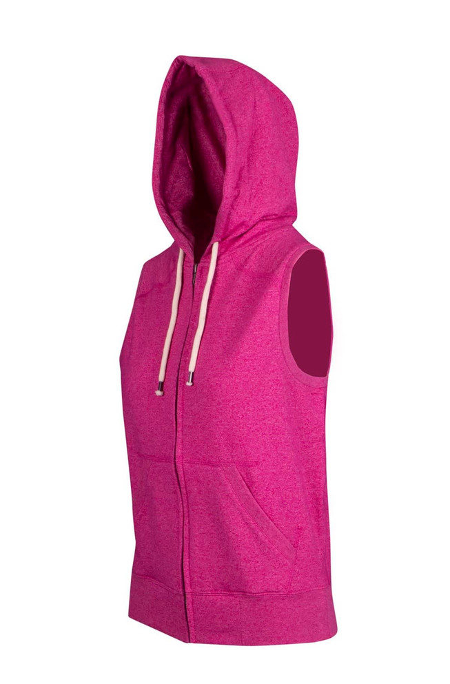 A sleeveless zip hoodie in bright pink with a hood and front pockets, featuring a logo on the front.