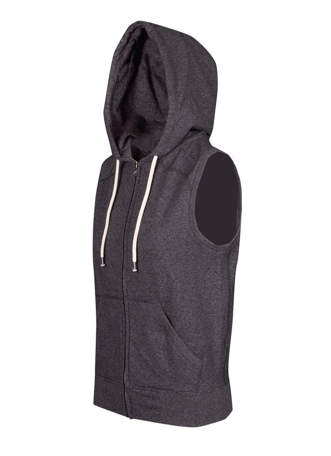 A sleeveless zip hoodie in heather grey with a hood and front pockets. Features a branding logo.
