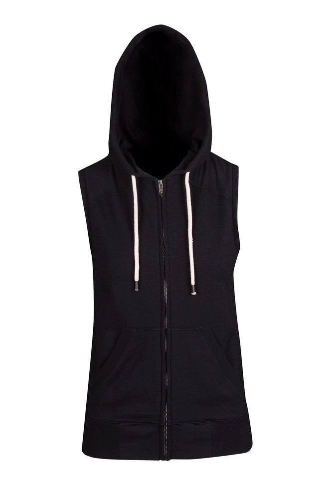 A sleeveless black zip hoodie featuring a hood, with front pockets and drawstrings. It includes a logo.