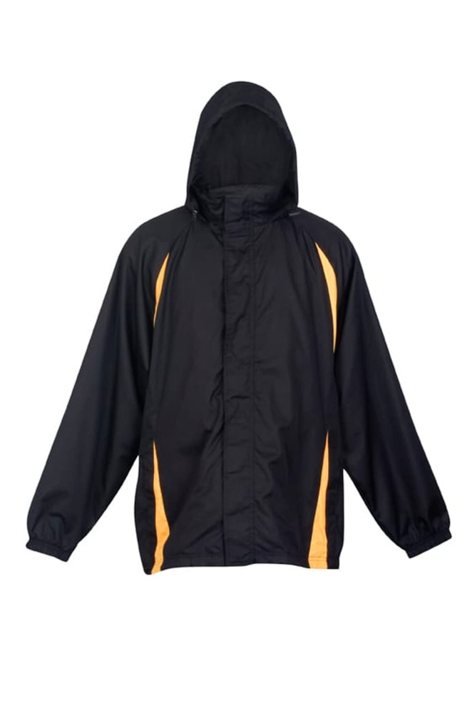 A black and yellow men's shower proof Sportech nylon jacket with a hood and elastic cuffs, featuring a logo.