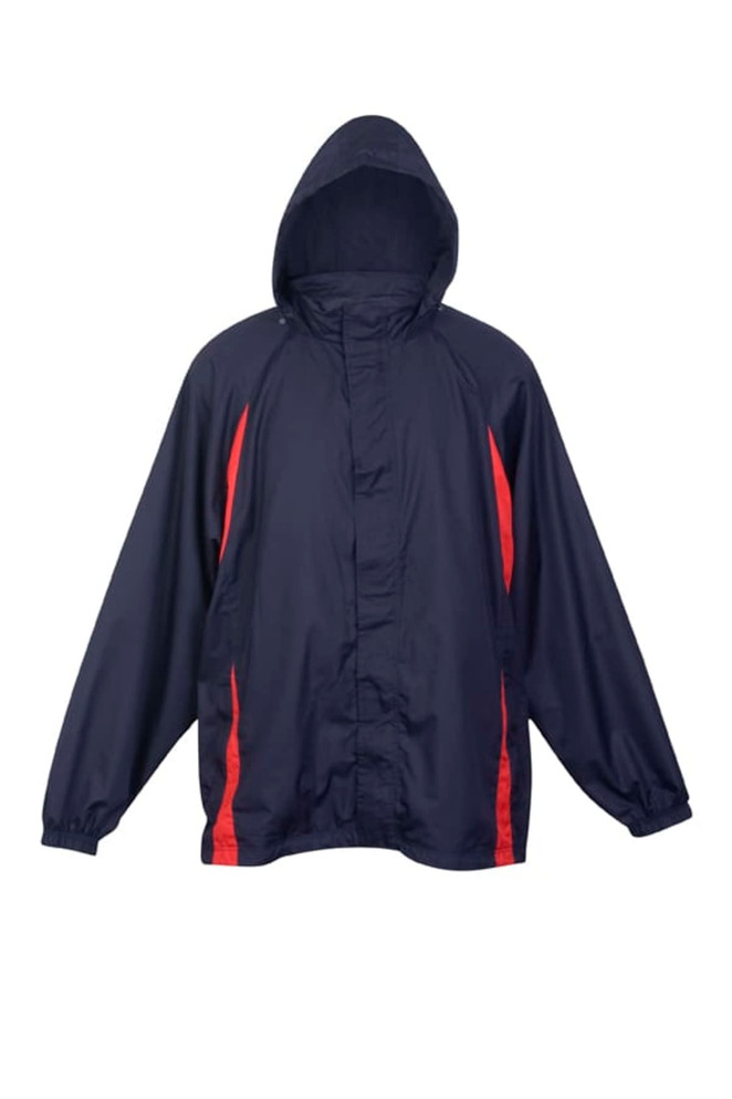 A navy blue nylon jacket featuring red side accents and a hood, designed for rain protection.