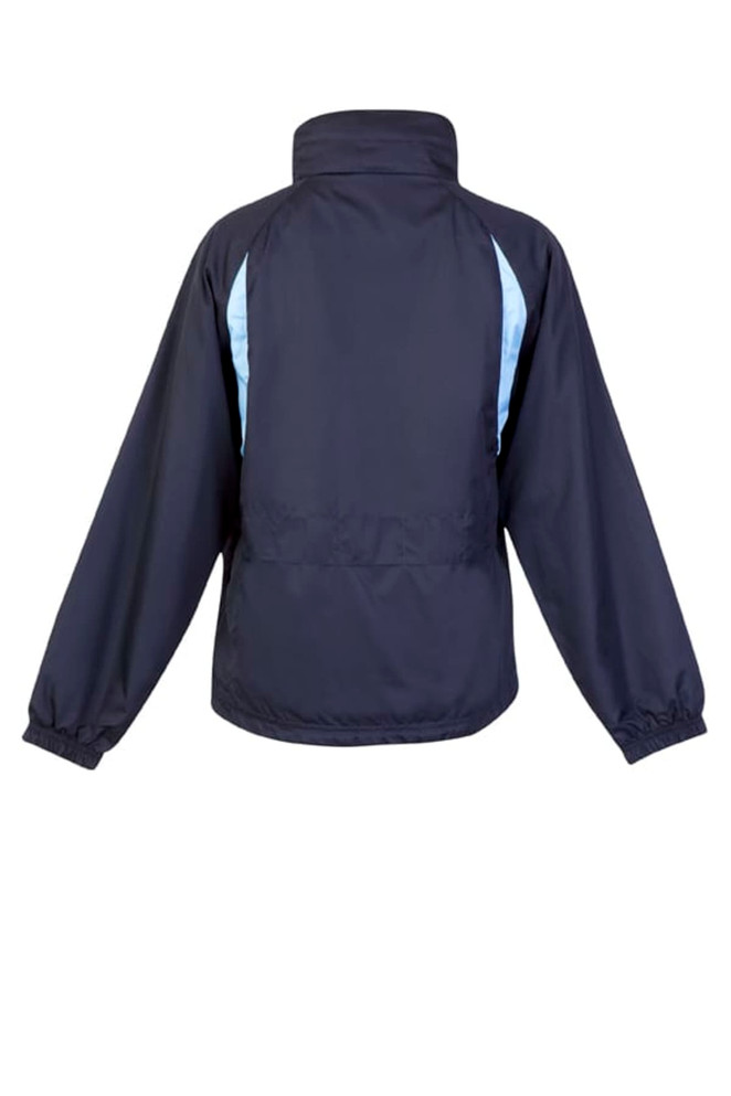 A navy blue men's showerproof Sportech nylon jacket with light blue accents and a logo. Suitable for rainy conditions.