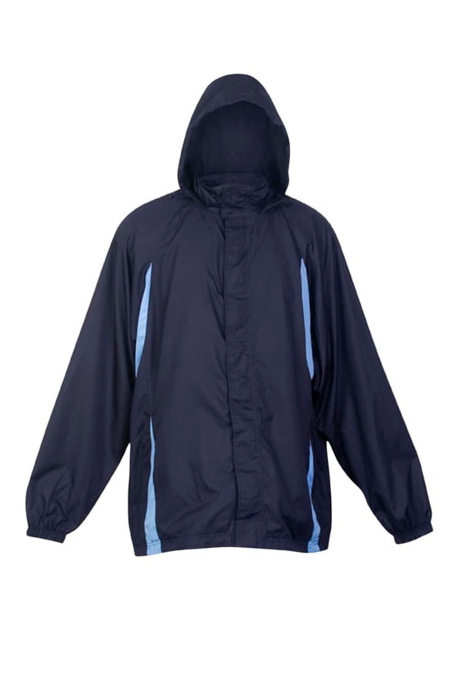 A navy blue men's shower proof sportech nylon jacket with a hood and light blue accents. It features a logo.