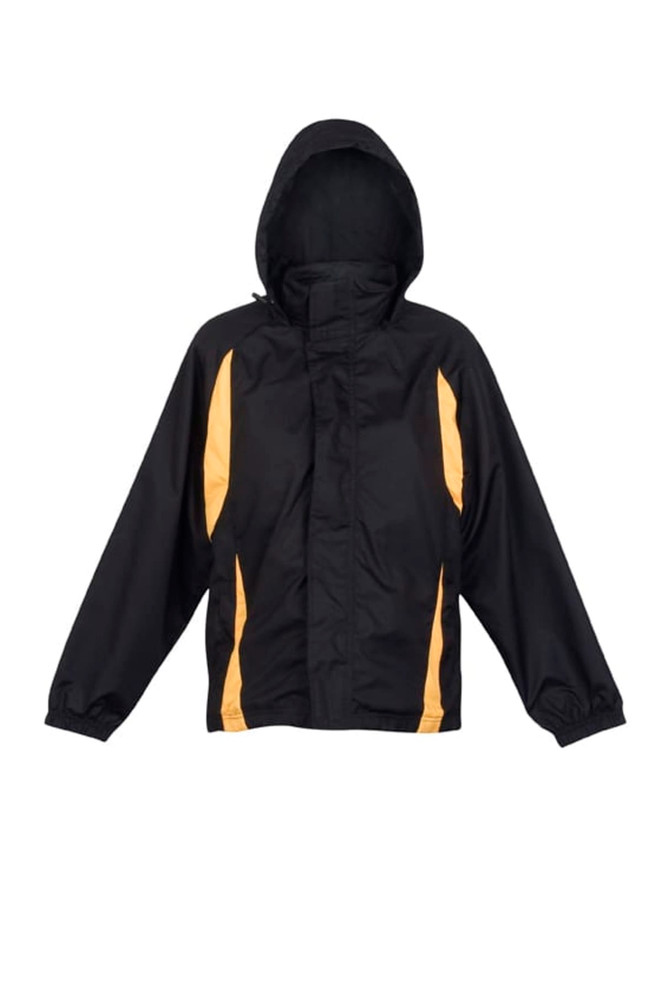 A black and yellow shower-proof sportech nylon jacket with a hood and elastic cuffs. It features a logo.