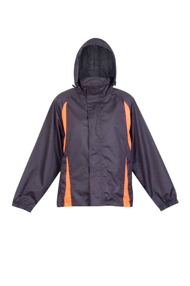 A rain jacket in navy blue with orange accents, featuring a hood and an emblem.