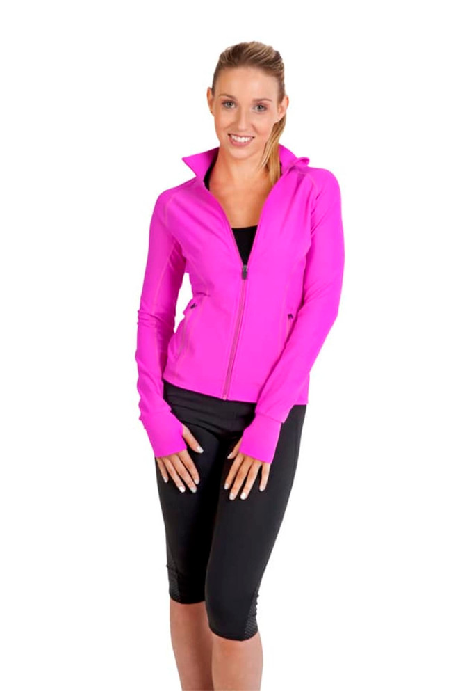 A bright pink women's nylon/spandex jacket with a zip front and long sleeves, featuring a logo on the sleeve.