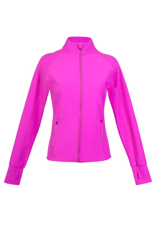 A women's jacket in vibrant pink, featuring a zip front and long sleeves with thumbholes. Includes a logo.