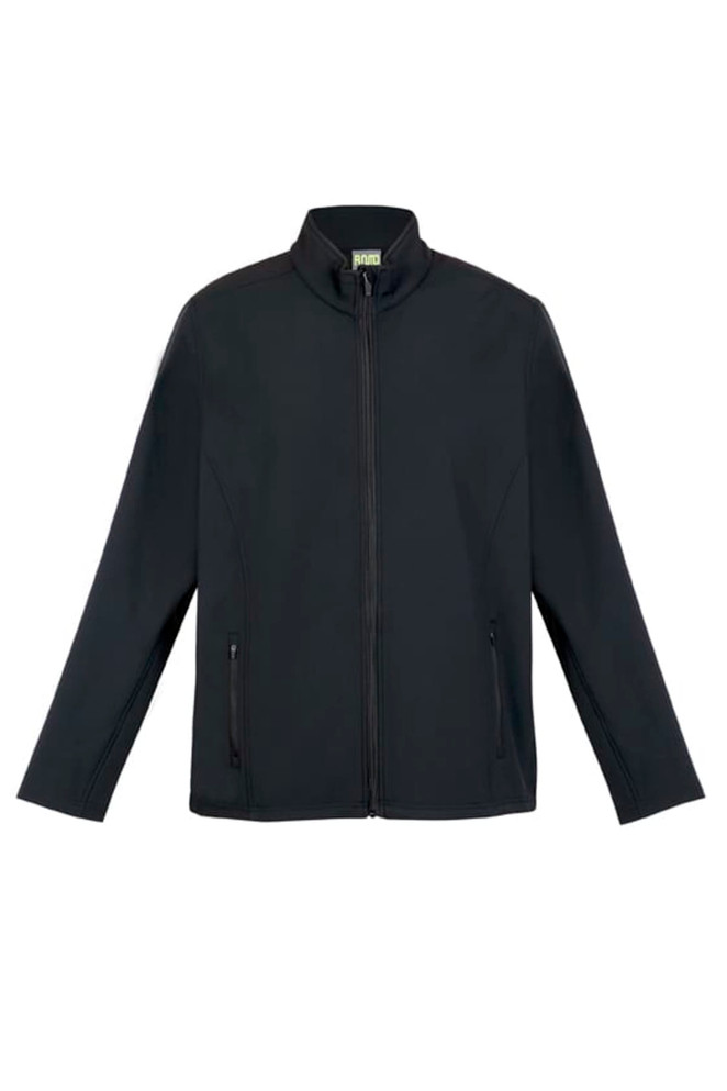 A black men's soft shell jacket with a zip front and two side pockets, featuring a collar and a logo.