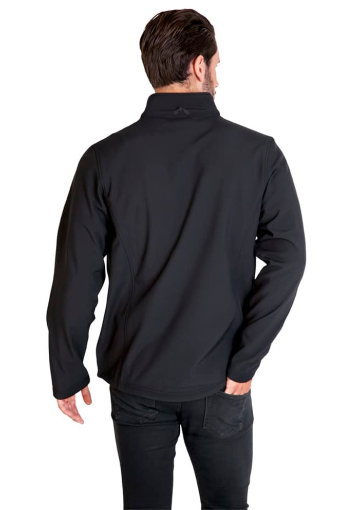 A black men's soft shell jacket viewed from the back, featuring a collar and a logo.