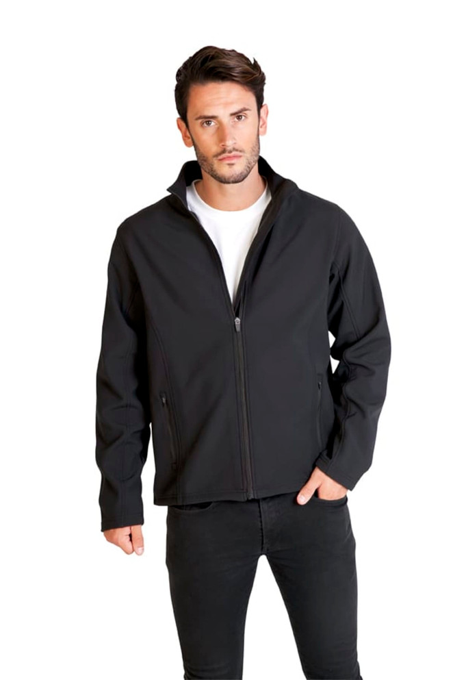 A black men's soft shell jacket with a zip front and a stand-up collar, worn by a model.