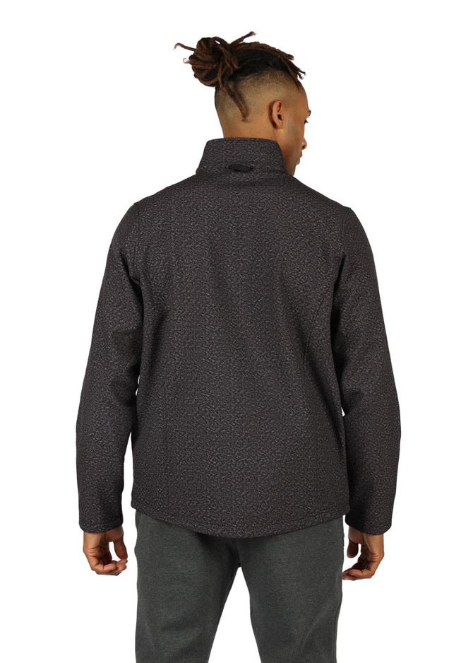 A grey soft shell jacket with a textured pattern and a high collar, featuring a logo.