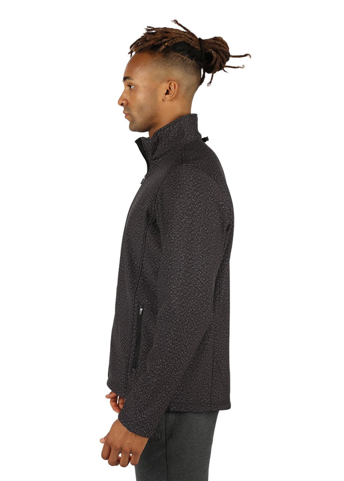 A black soft shell jacket with a textured pattern, featuring a zip and a collar. It has a subtle logo on it.