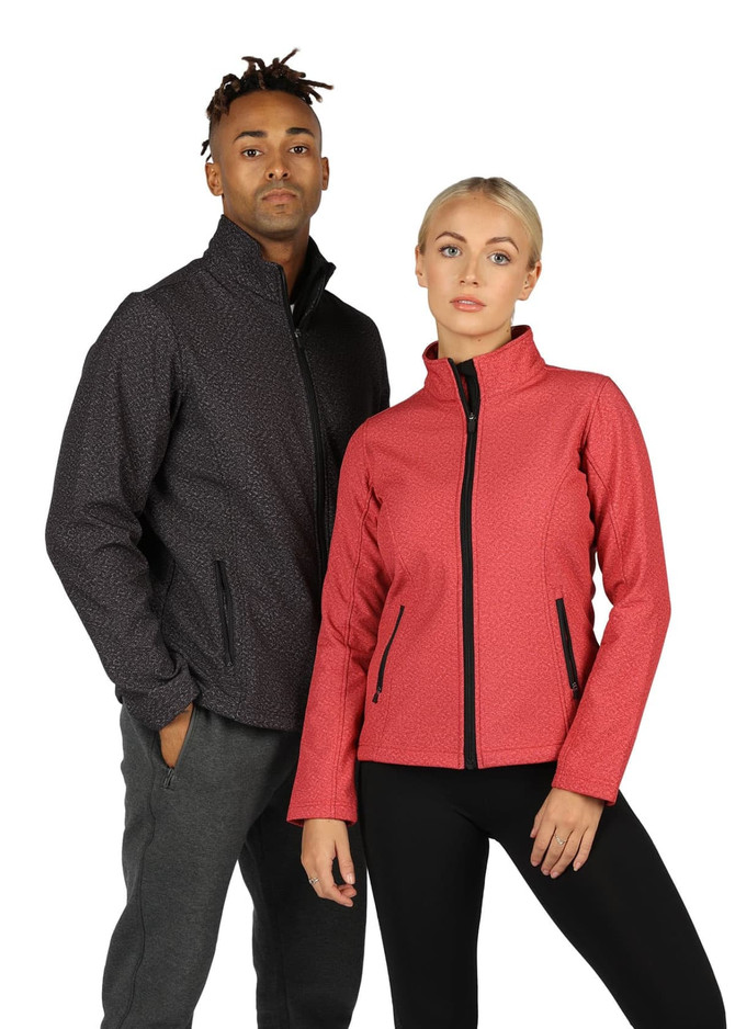 A black soft shell jacket and a red soft shell jacket worn by a man and woman, both with zippered fronts and casual attire.