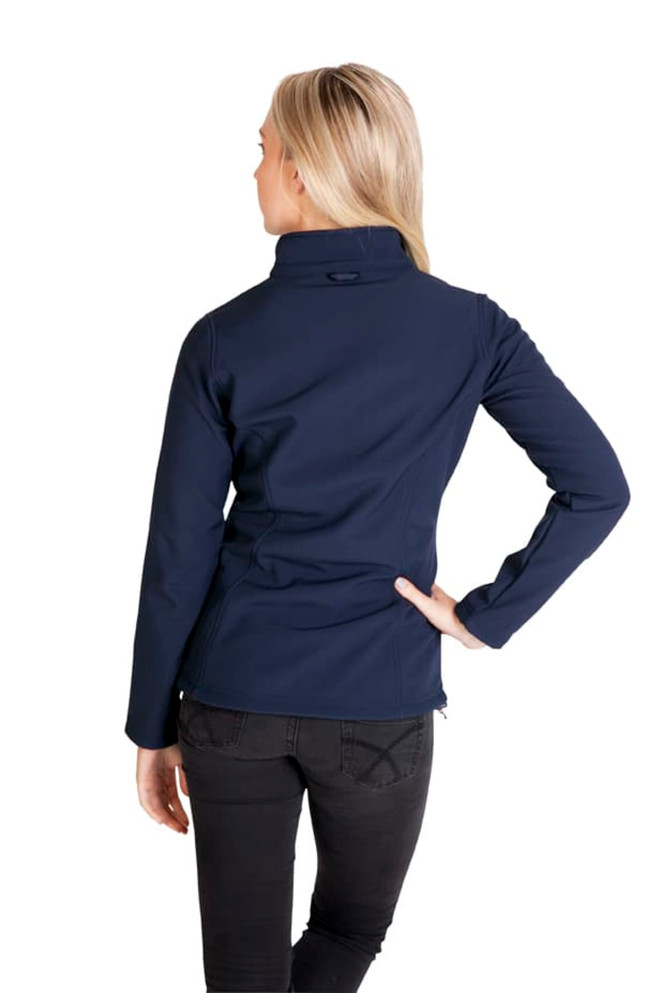 A women's soft shell jacket in navy blue, featuring a high collar and back view, with a logo.
