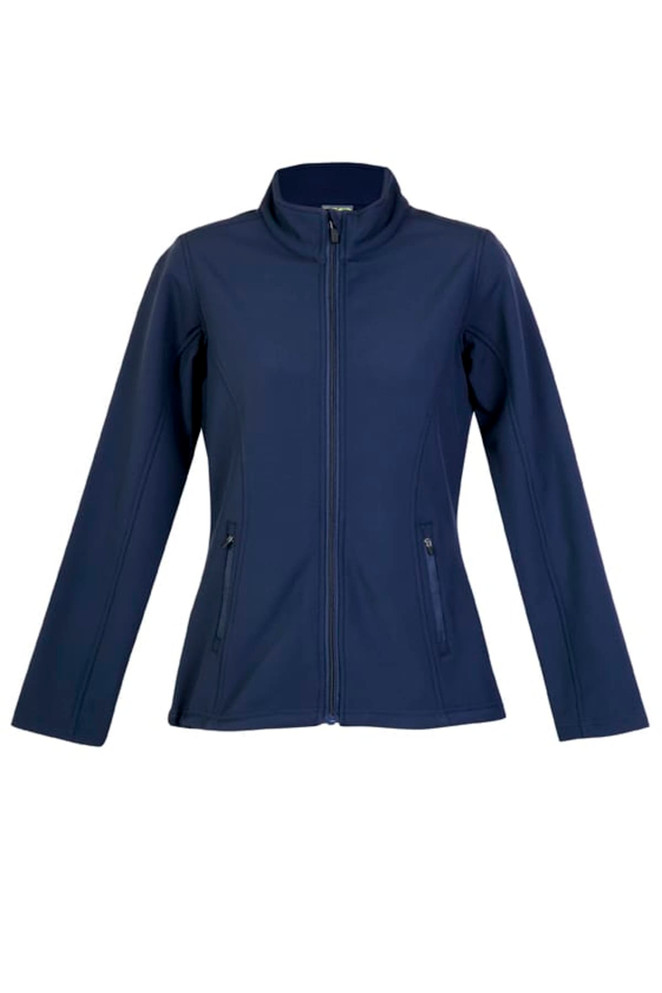 A women's soft shell jacket in navy blue with a full zip and pockets, featuring a branded logo.