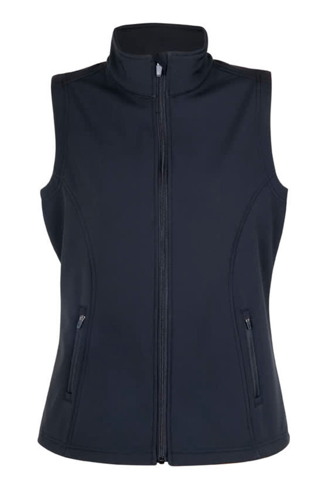 A women's soft shell vest in black, featuring a high collar and two zippered front pockets. Includes branding.