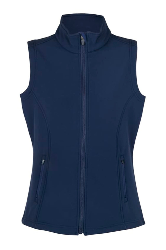 A navy soft shell vest featuring a high collar and zippered front, with two side pockets and a logo.