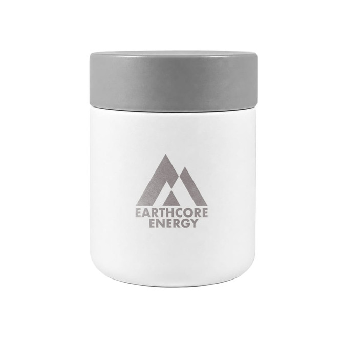 A white food container with a grey lid, featuring a logo with mountain graphics.