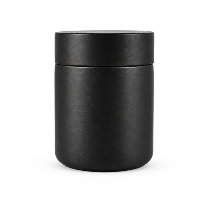 A black food container with a smooth, matte finish and a matching lid. It has a simple, modern design.