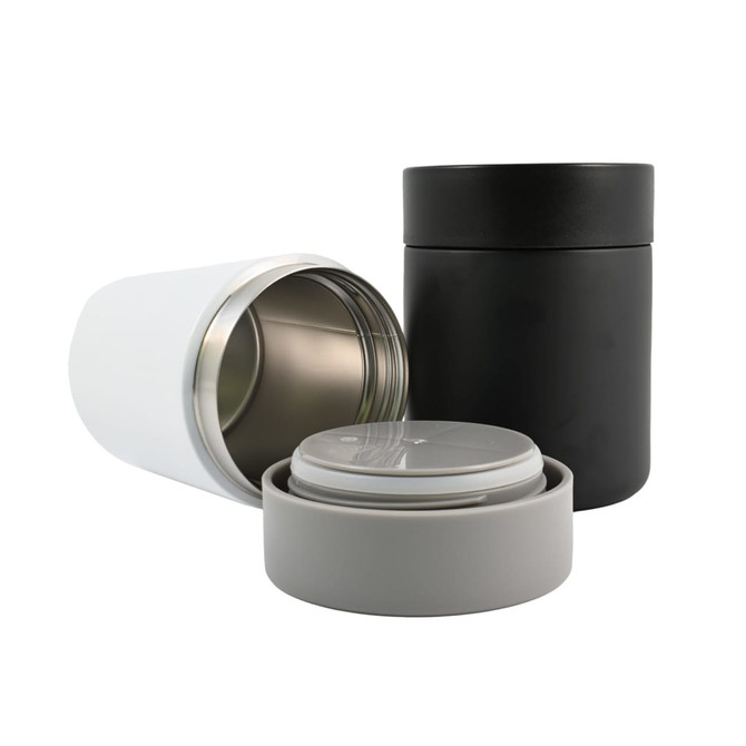 A set of food containers in white, black, and gray, featuring stainless steel interiors and lids.
