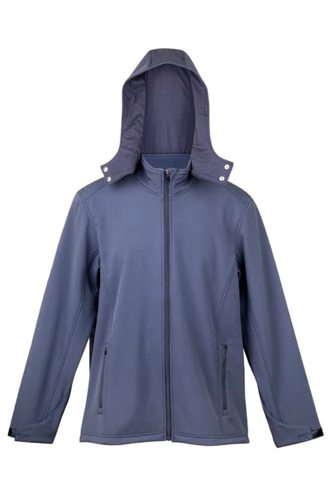 A navy soft shell hooded jacket featuring a zip front, two side pockets, and a snap-up collar. It has a logo on it.