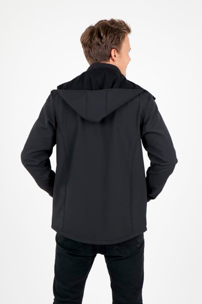 A men's softshell hooded jacket in black, featuring a hood and a logo, viewed from the back.