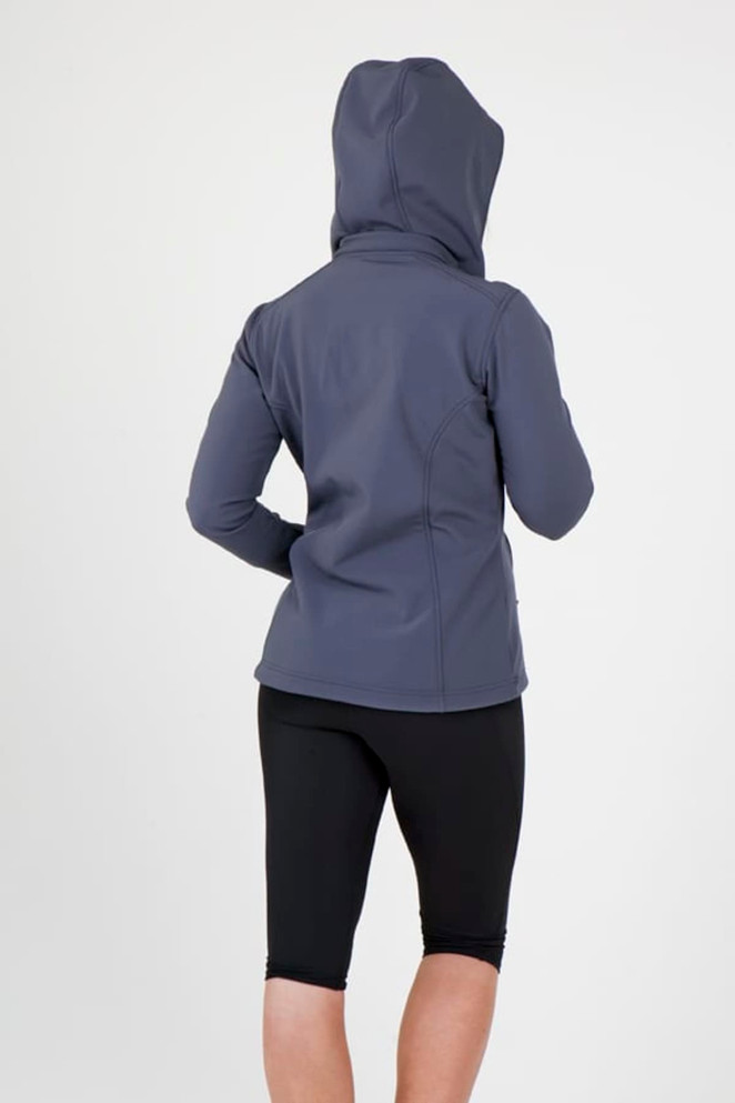 A women's soft shell hooded jacket in grey, featuring a fitted design, shown from the back with a plain background.