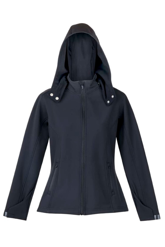 A black women's soft shell hooded jacket with a zip front and an attached hood, featuring a minimal design.