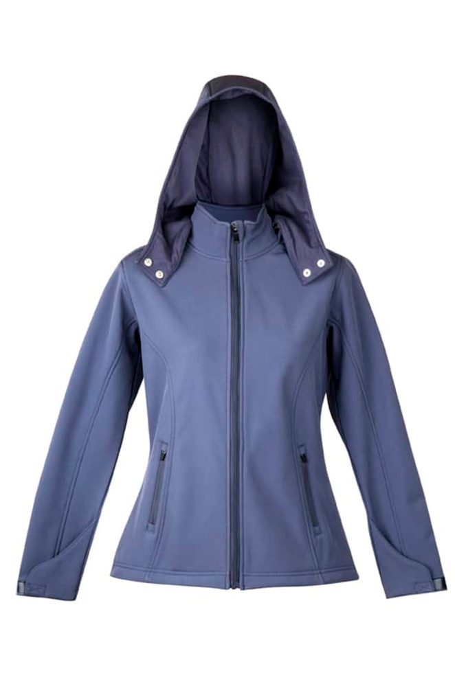 A hooded women's soft shell jacket in navy blue, featuring zippered pockets and a stylish design.