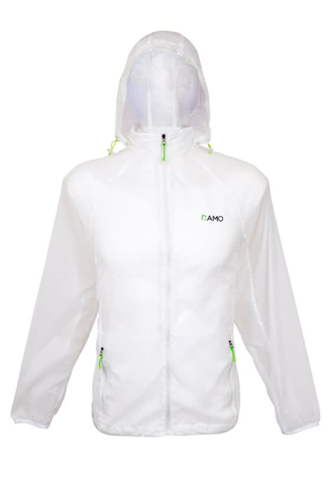 A white men's air jacket with a hood features green accents and a logo on the front. Zippered pockets are included.