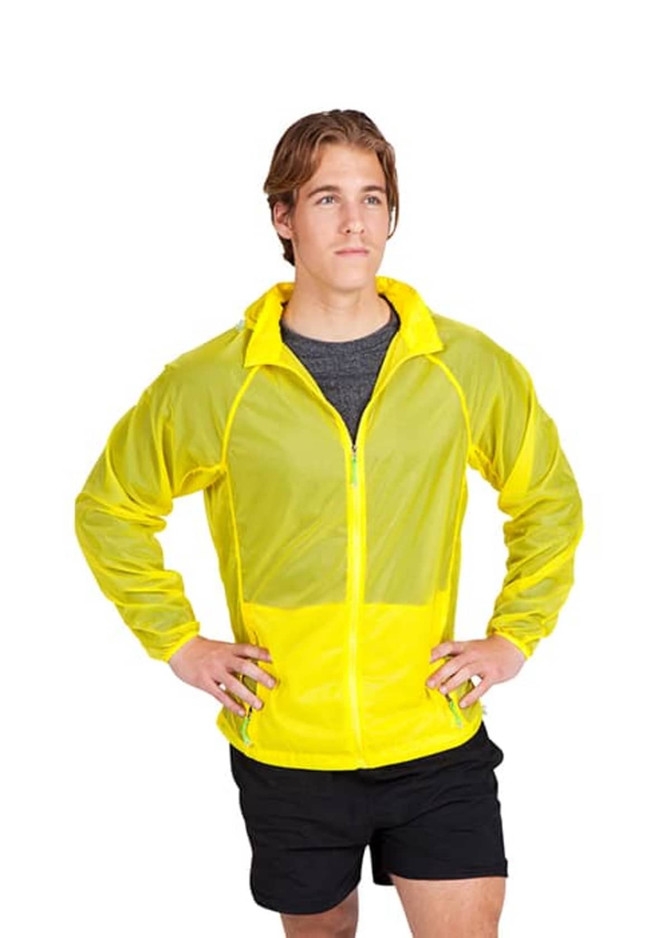 A lightweight men's air jacket in bright yellow, featuring a full zip and a sporty design. It has a logo.