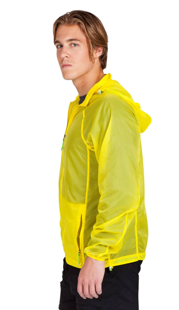 A bright yellow men's air jacket, featuring a hood and zippered pockets, displayed on a model from the side.