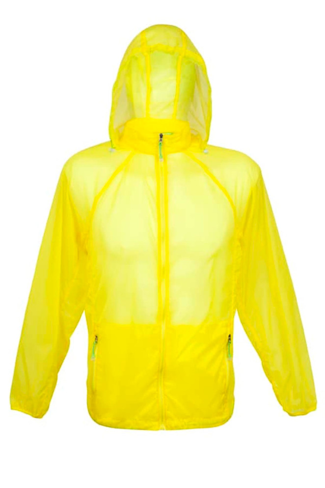 A bright yellow men's air jacket with a hood and zippered pockets, featuring a logo on the front.