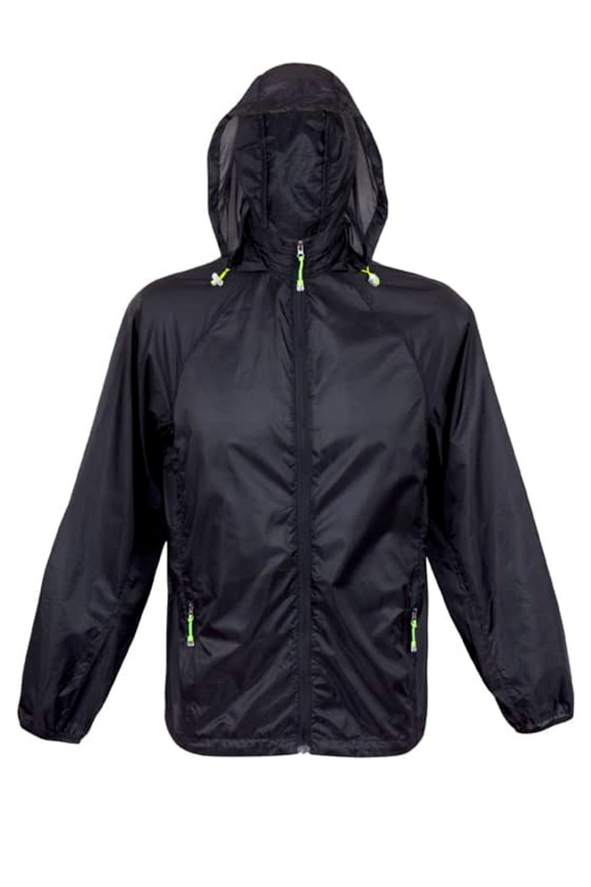 A black men's air jacket with a hood and contrasting green zippers, featuring a logo on the chest.