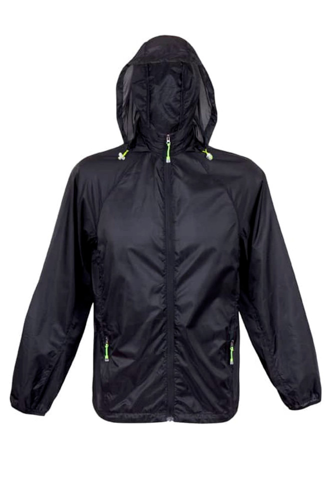 A black men's air jacket with a hood and contrasting green zippers, featuring a logo on the chest.