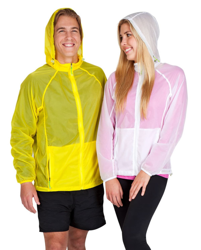 A yellow and a pink women's air jacket are worn by a smiling woman and man, each featuring a hood and branding.