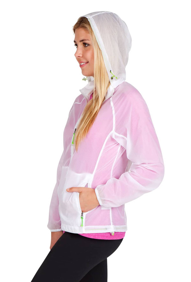A lightweight women's air jacket in pink and white, featuring a hood and zippered pockets, with a logo.