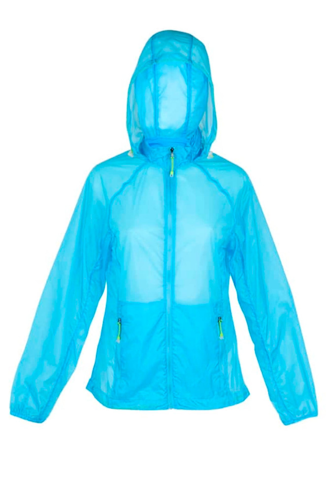 A light blue women's jacket featuring a hood and zippered pockets, designed for versatility and comfort.