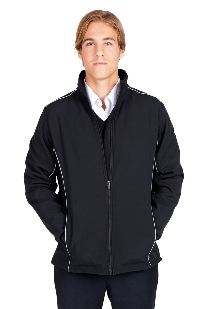 A man wearing a black Men's Tempest Plus Jacket with white accent stitching, featuring a high collar and zip front.