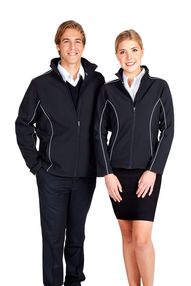 A black jacket with white detailing, worn by a man and a woman, showcasing a sleek style. Includes a logo.