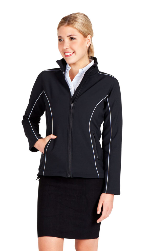 A black women's jacket with white piping, featuring a zip front and side pockets, worn over a shirt and skirt.