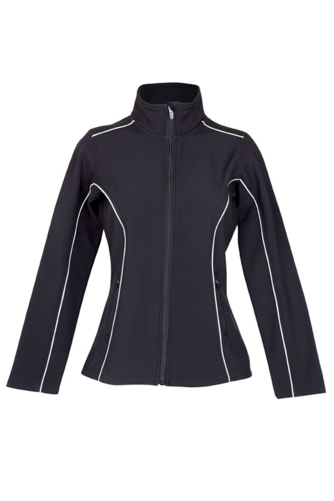 A black women's jacket with white detailing, featuring a full zipper and long sleeves, and has a logo.