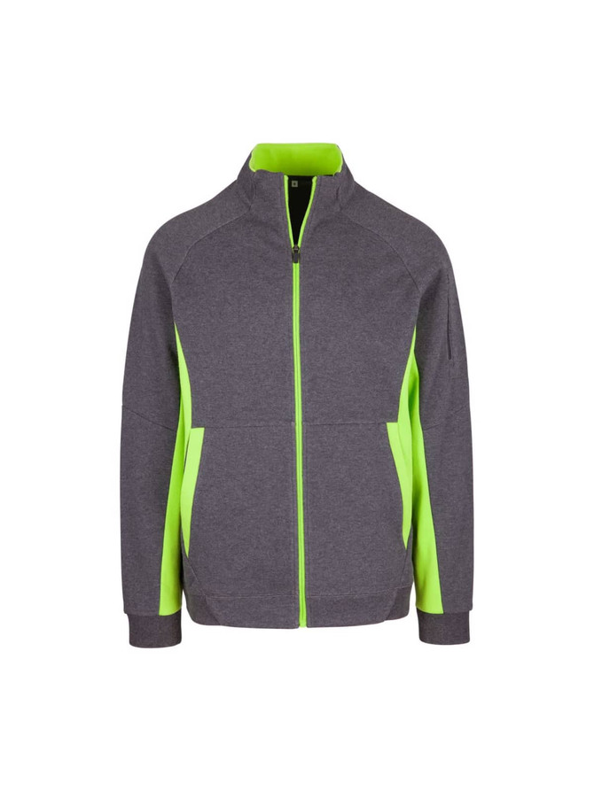 A grey and bright green men's jacket with a zip front and side pockets, featuring a logo on the chest.
